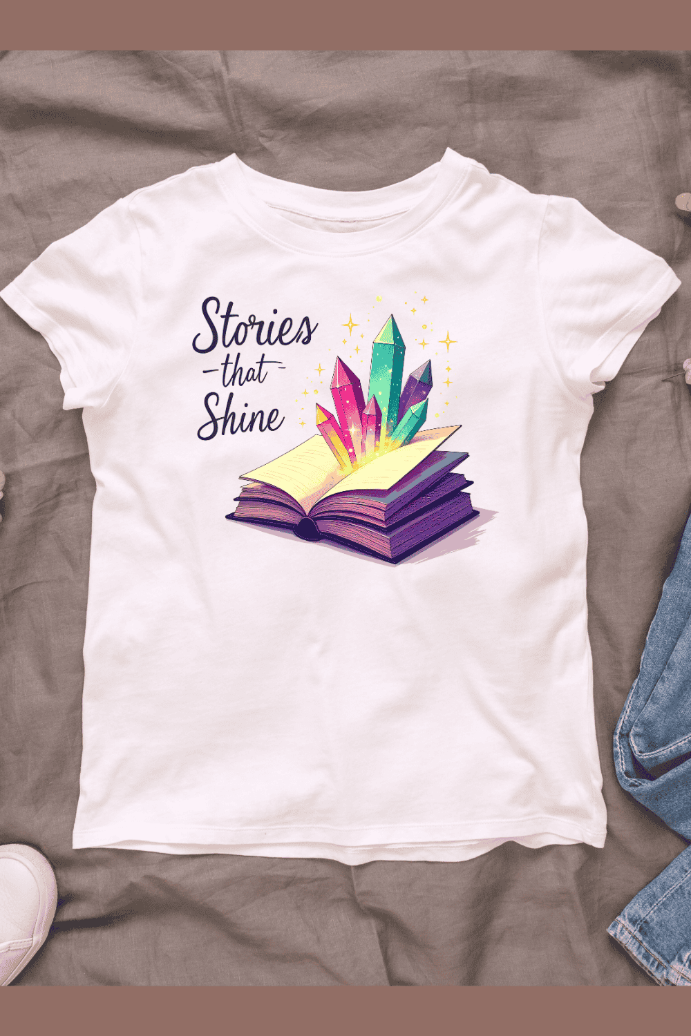 Book with Shining Crystals T-shirt Design pinterest preview image.