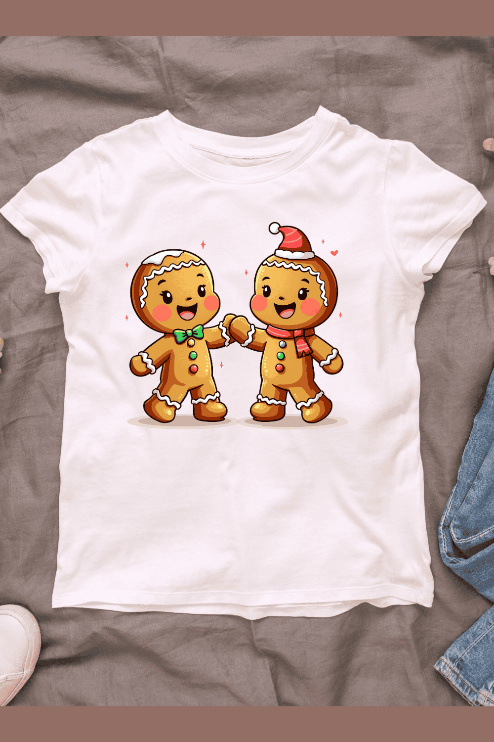 Cute Gingerbread Characters Holding Hands T-shirt Design pinterest preview image.