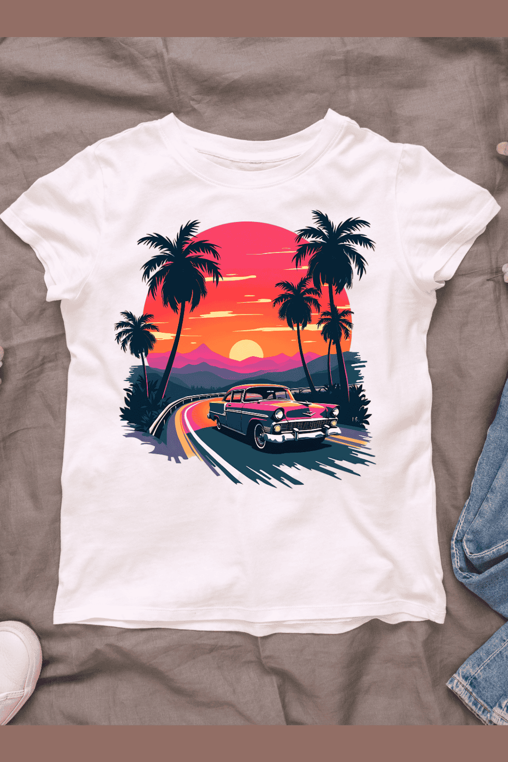 Retro Car and Sunset Palm Trees T-shirt Design pinterest preview image.