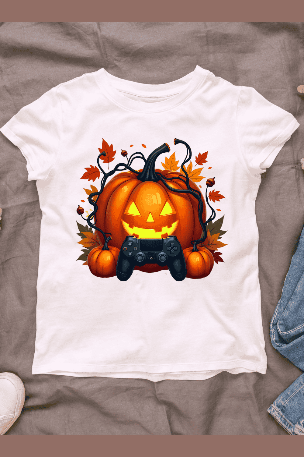 Cute Pumpkin and Controller T-shirt Design pinterest preview image.