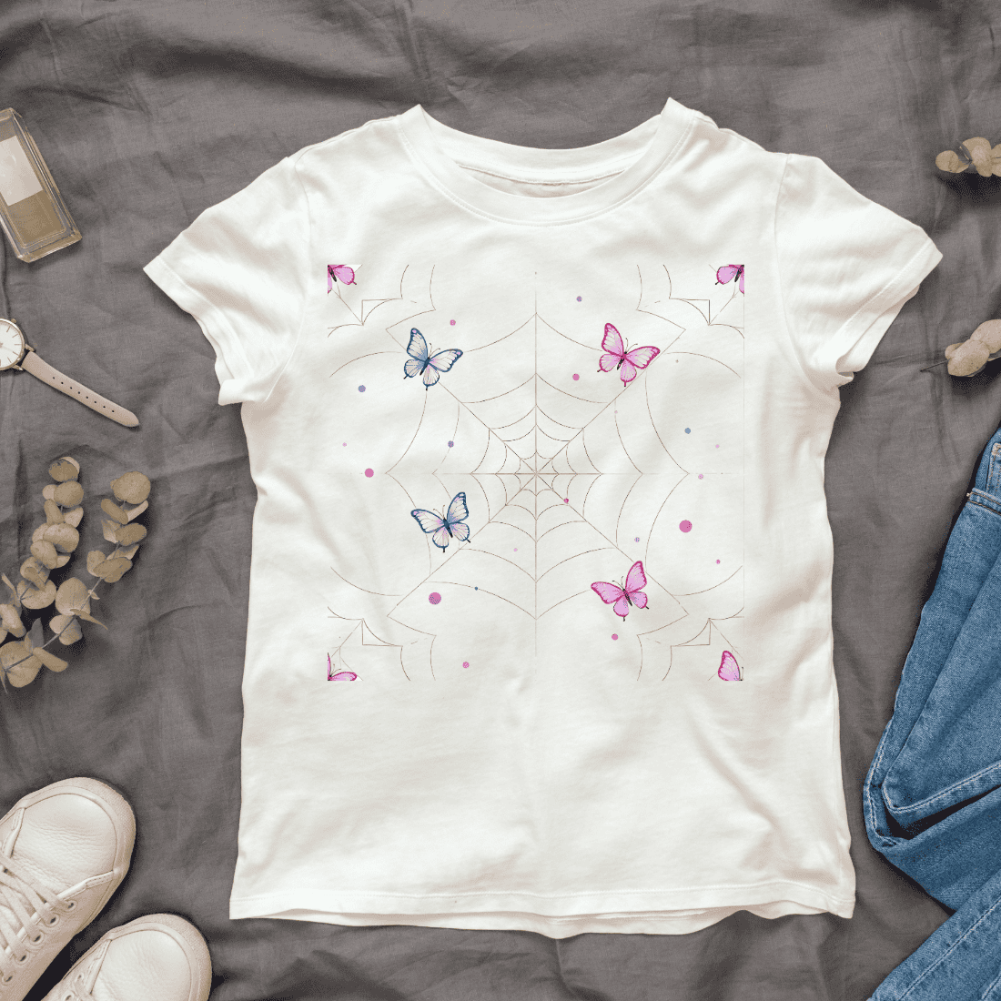 Butterflies and Spiderweb T-shirt Design cover image.