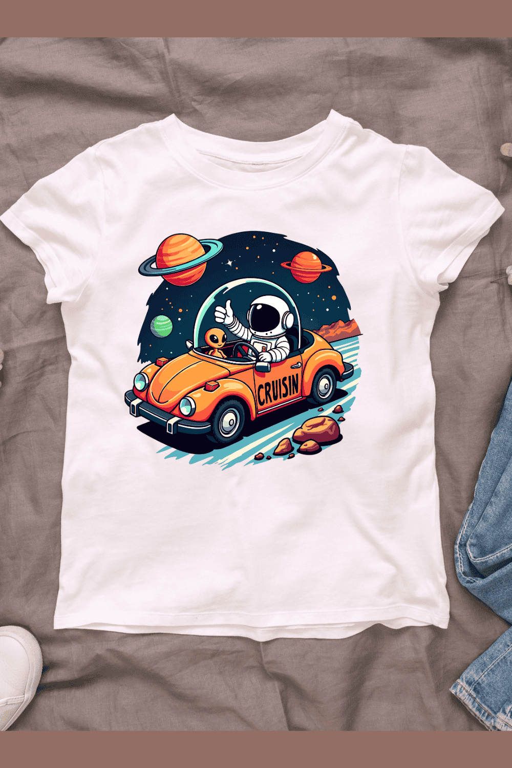 Astronaut Cruising in Space T-shirt Design pinterest preview image.