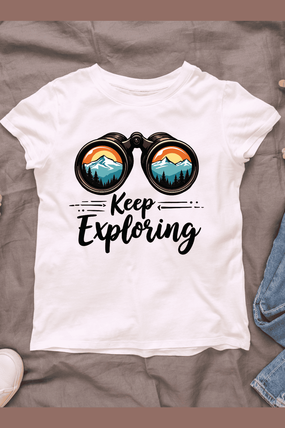 Keep Exploring Binoculars T-shirt Design pinterest preview image.