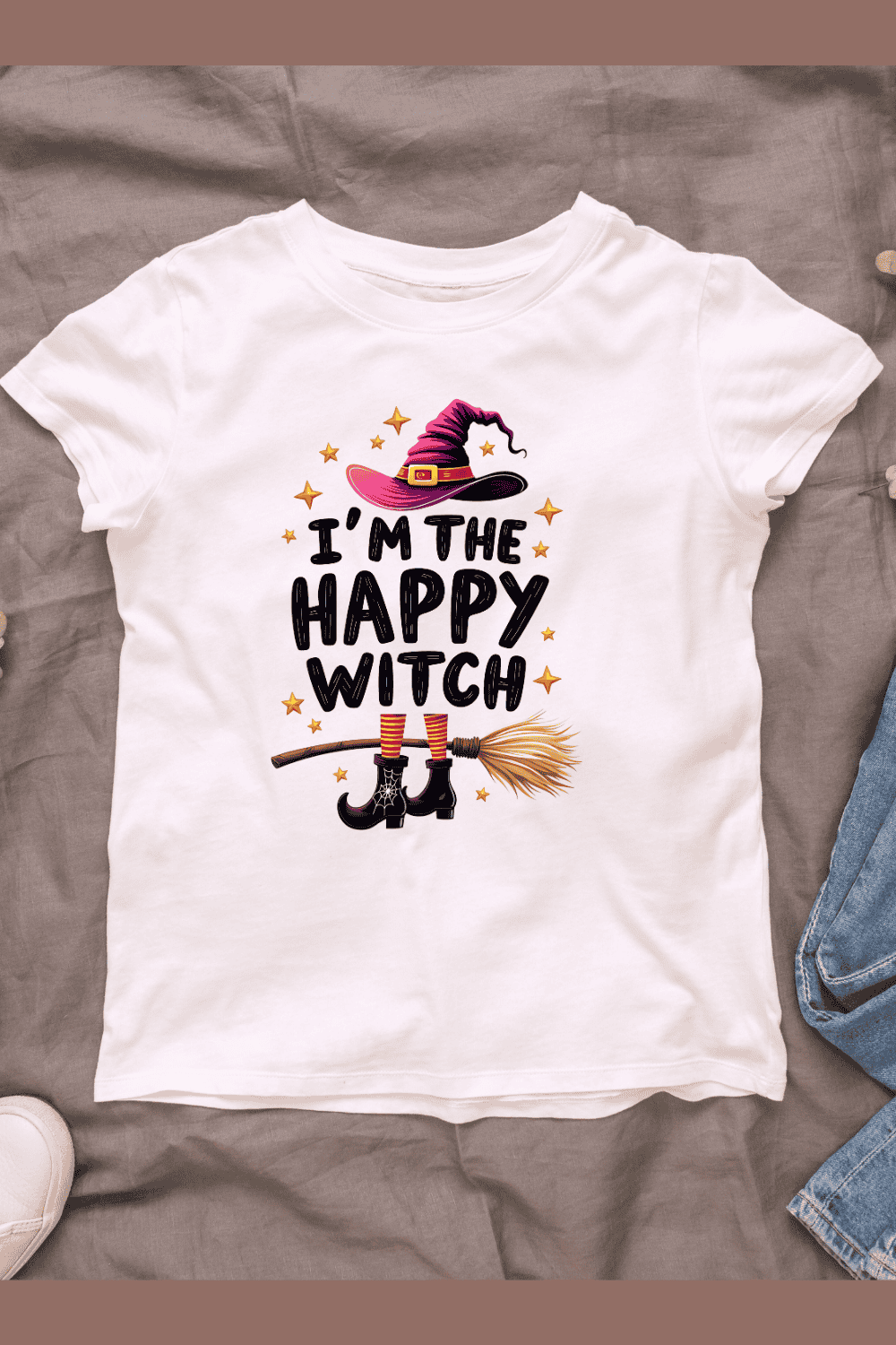 Happy Witch Graphic T-shirt Design pinterest preview image.