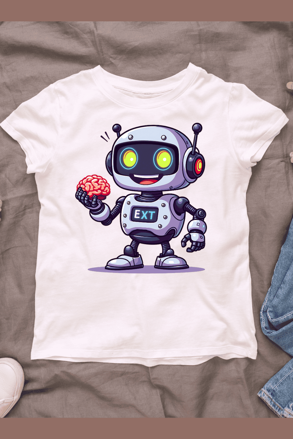 Cute Robot Holding a Brain T-shirt Design pinterest preview image.