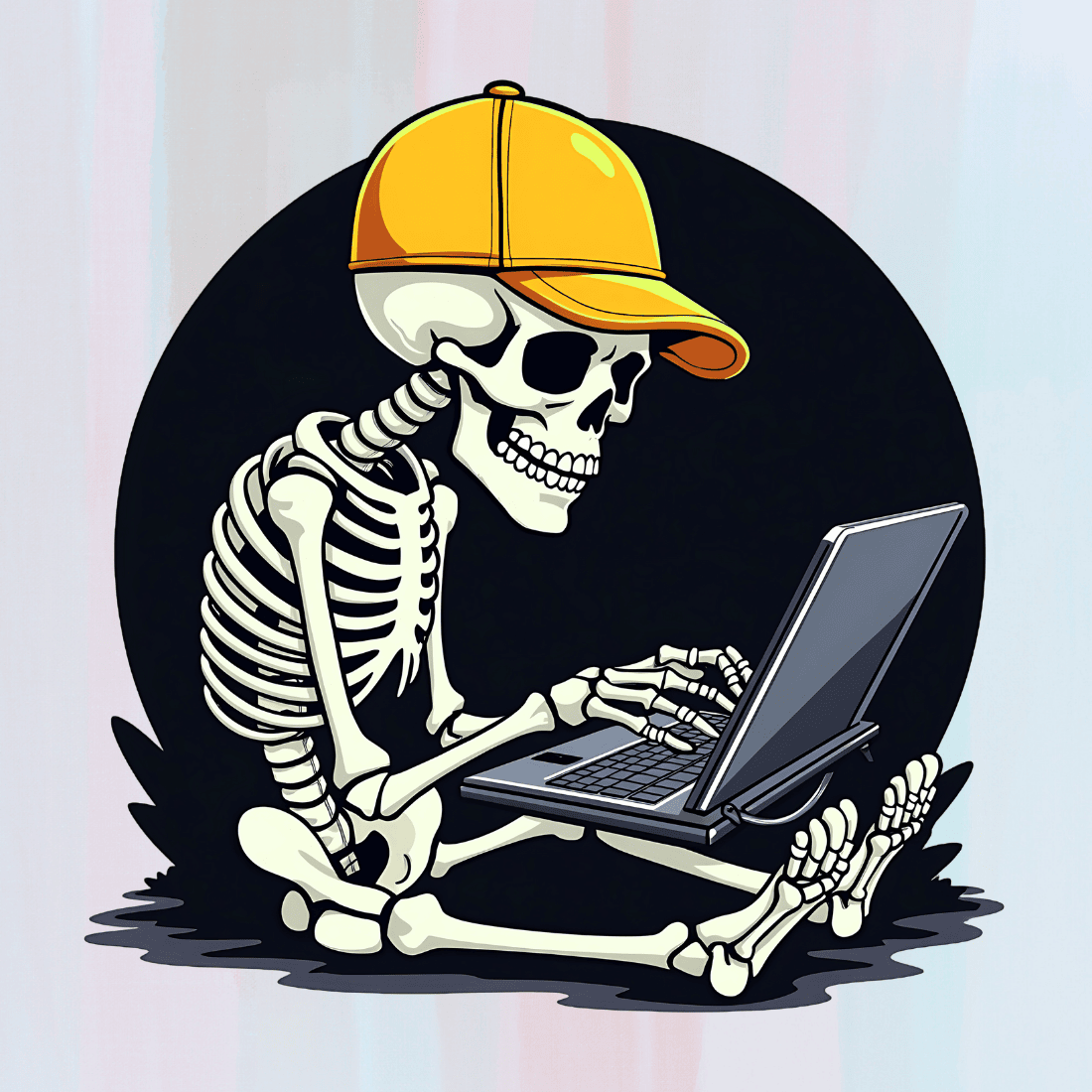 Skeleton Using Laptop T-shirt Design preview image.