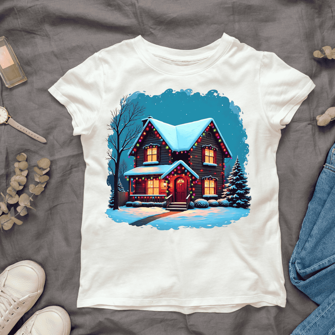 Festive Holiday Home T-shirt Design cover image.