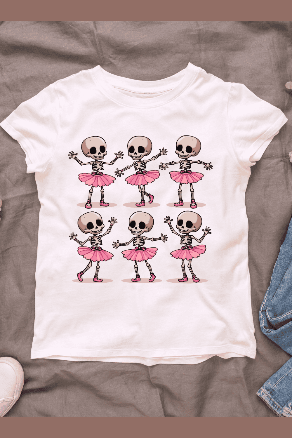 Cartoon Skeleton Ballet Dancers in Pink Skirts T-shirt Design pinterest preview image.