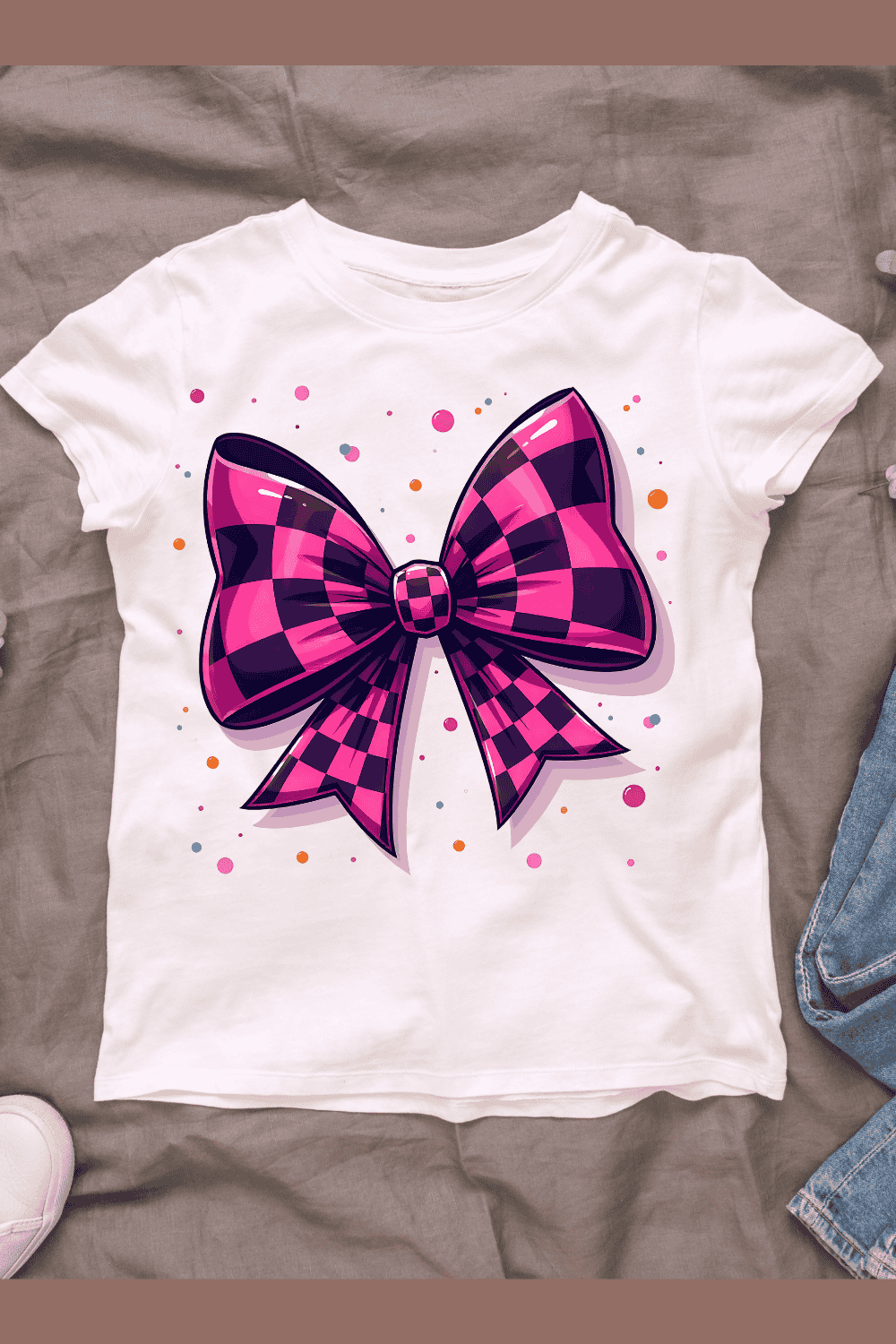 Pink and Black Checkered Bow T-shirt Design pinterest preview image.