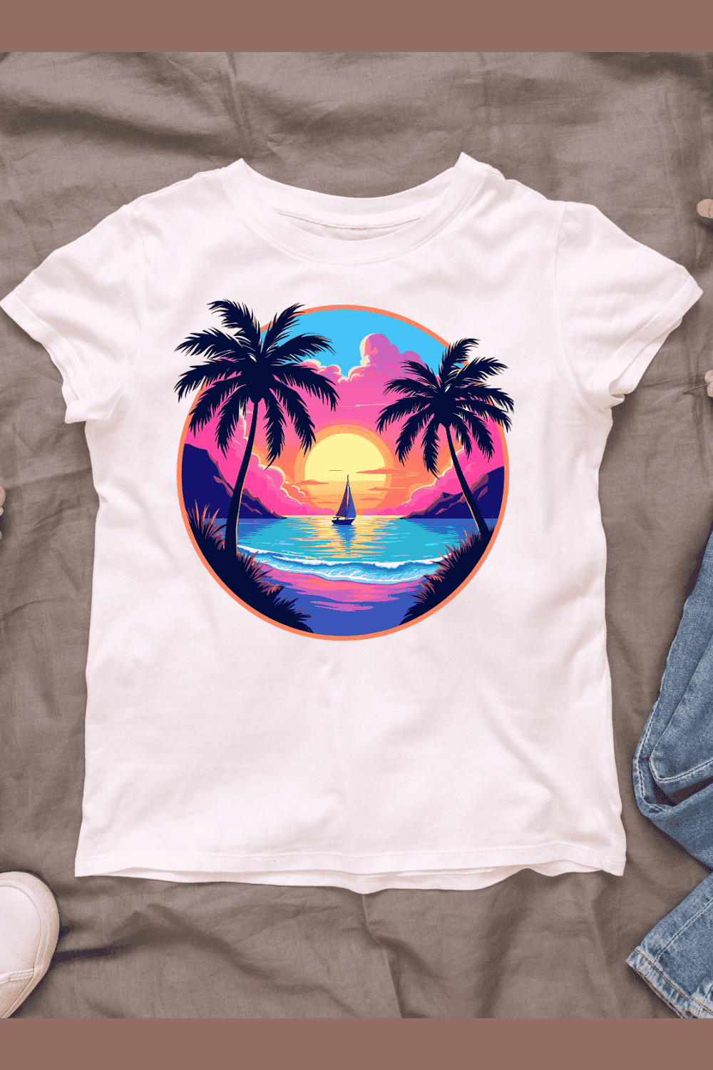 Sunset Beach with Palm Trees T-shirt Design pinterest preview image.