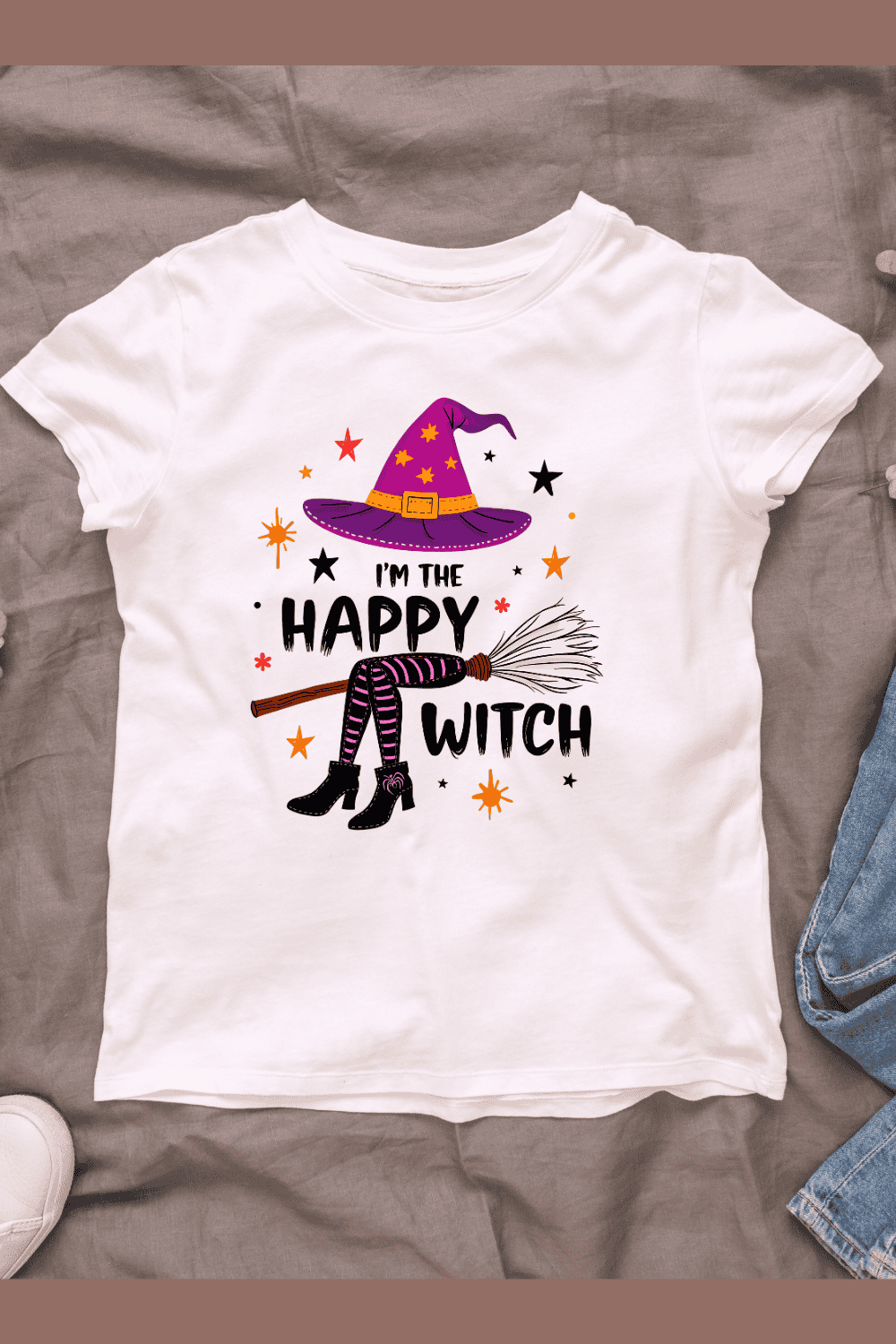 Witch with Broom and Hat T-shirt Design pinterest preview image.