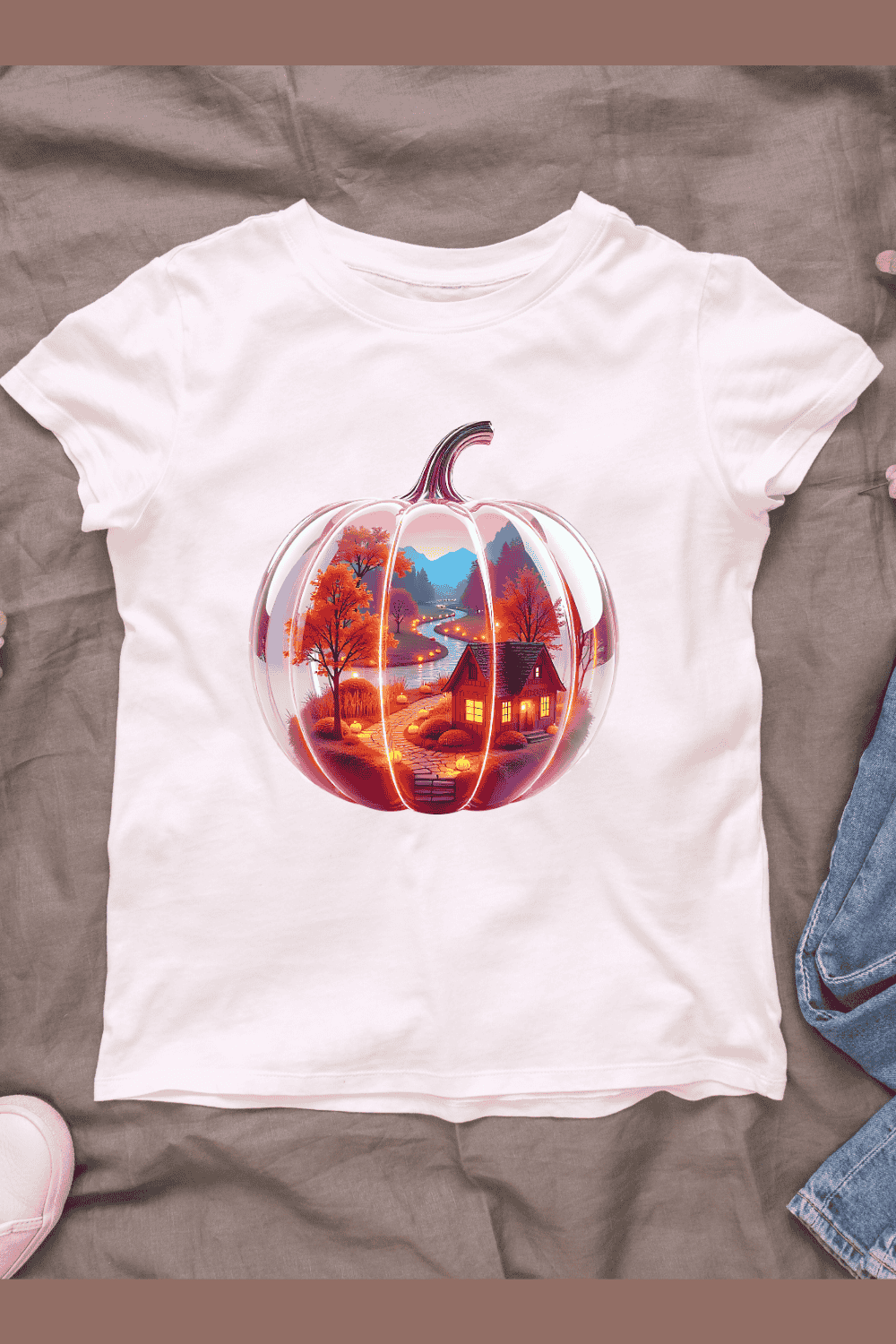 Transparent Pumpkin with Landscape T-shirt Design pinterest preview image.