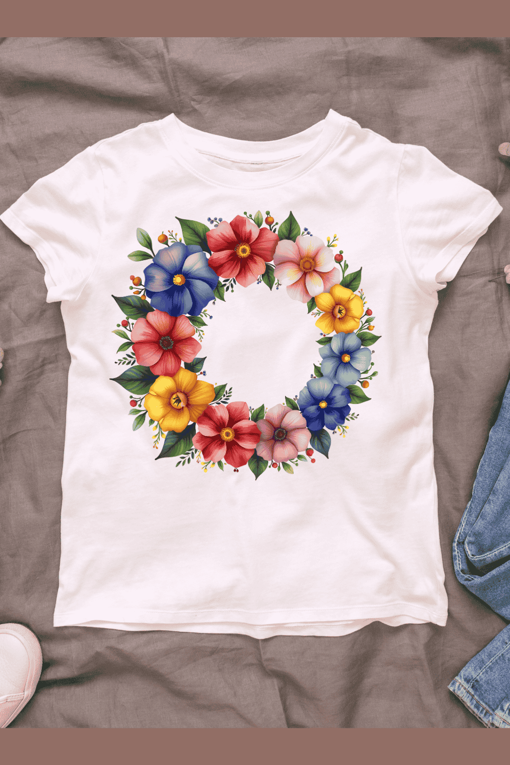 Colorful Floral Wreath T-shirt Design pinterest preview image.