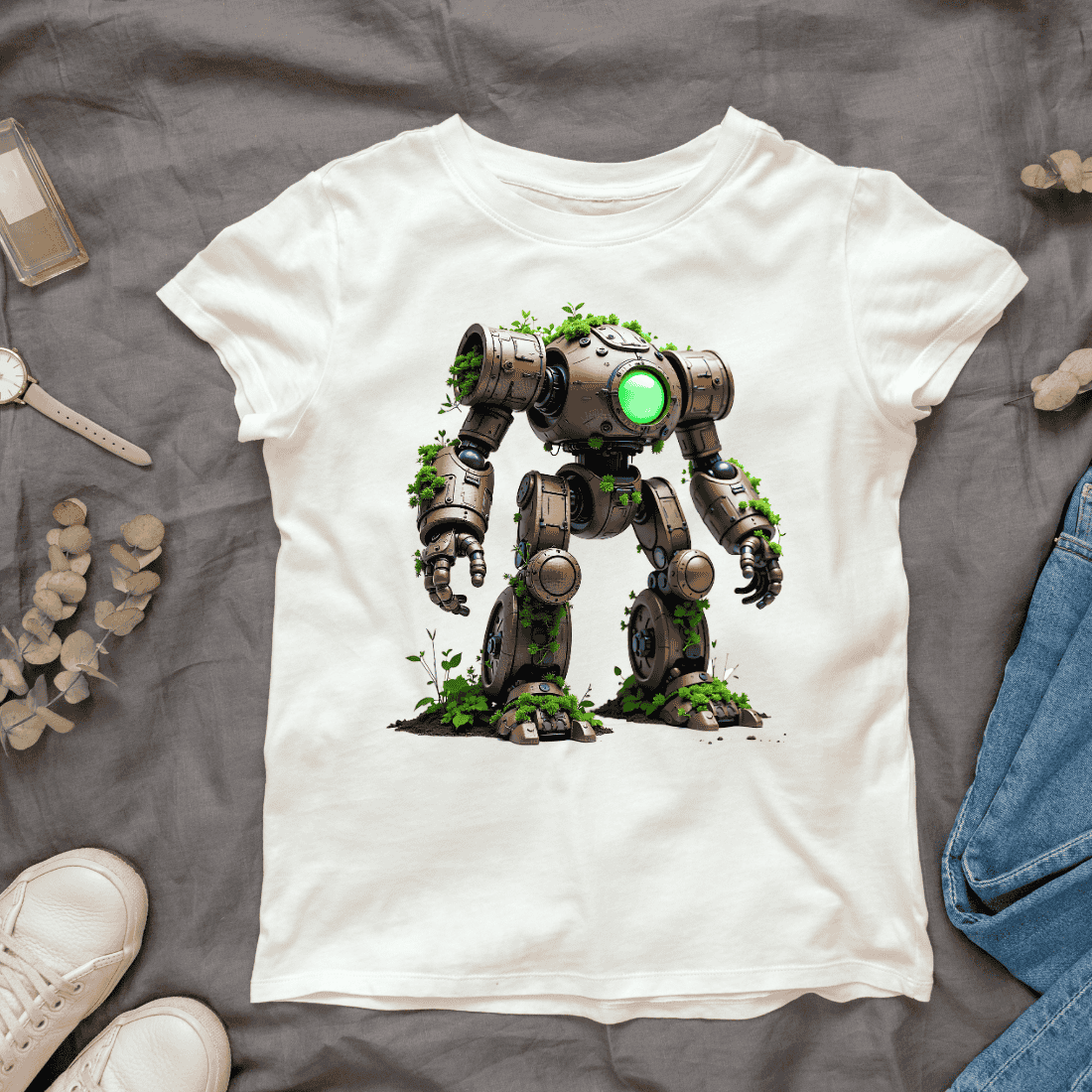 Rusty Robot with Plants T-shirt Design cover image.