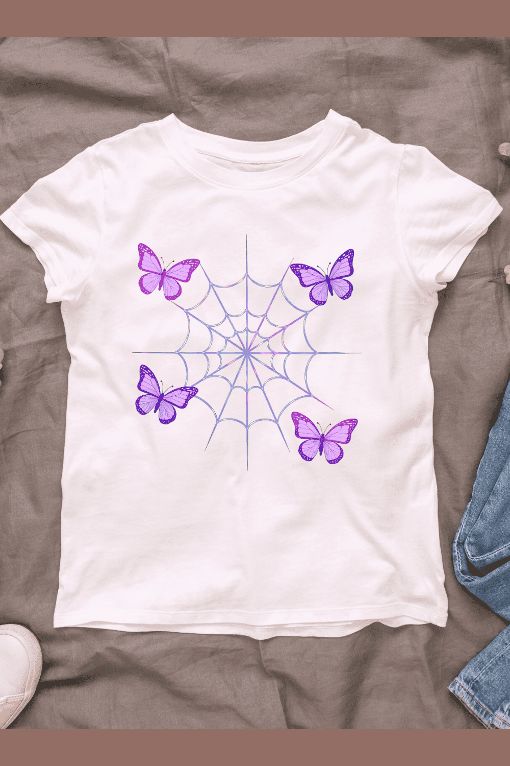 Colorful Butterfly & Web T-shirt Design pinterest preview image.