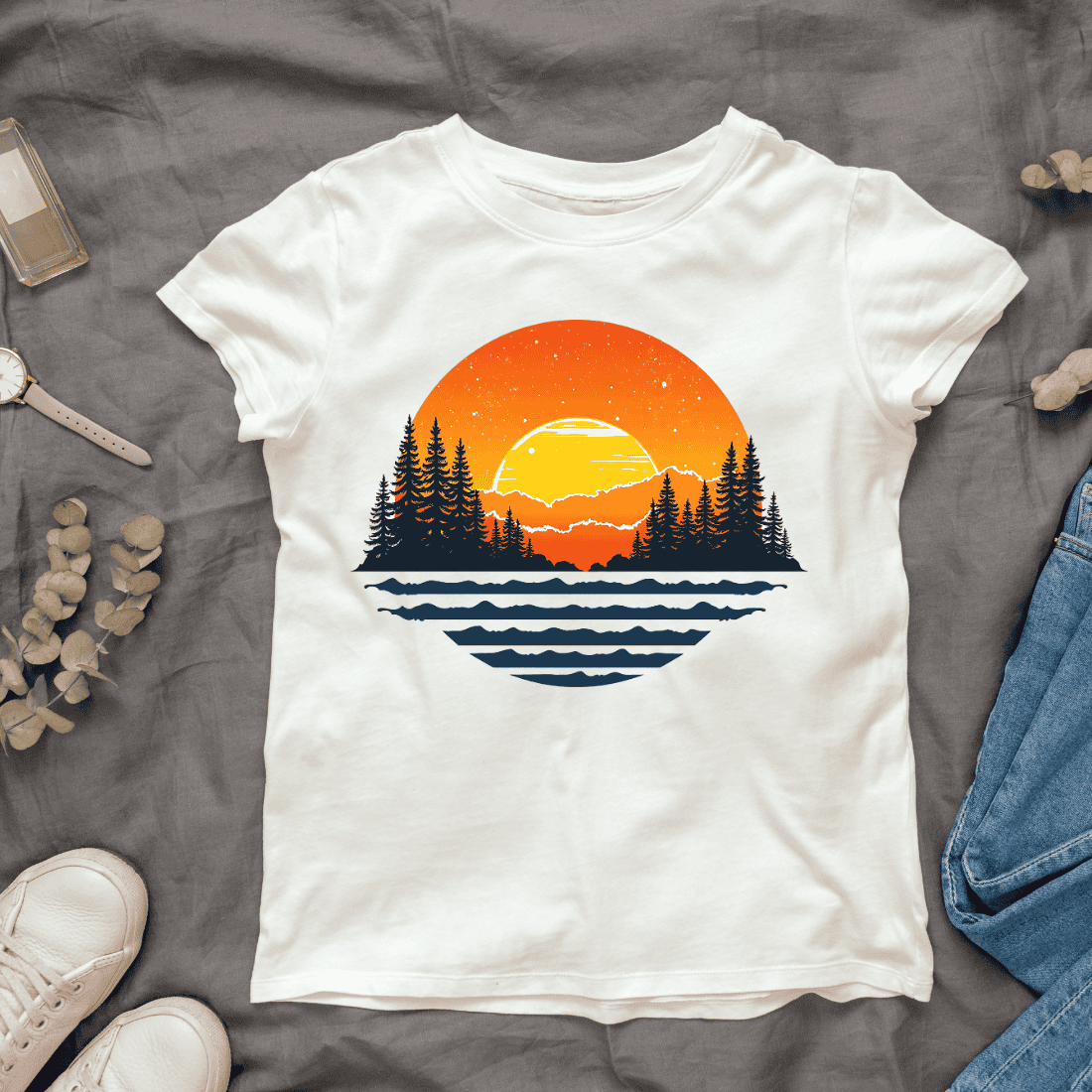 Sunset Forest Landscape T-shirt Design cover image.