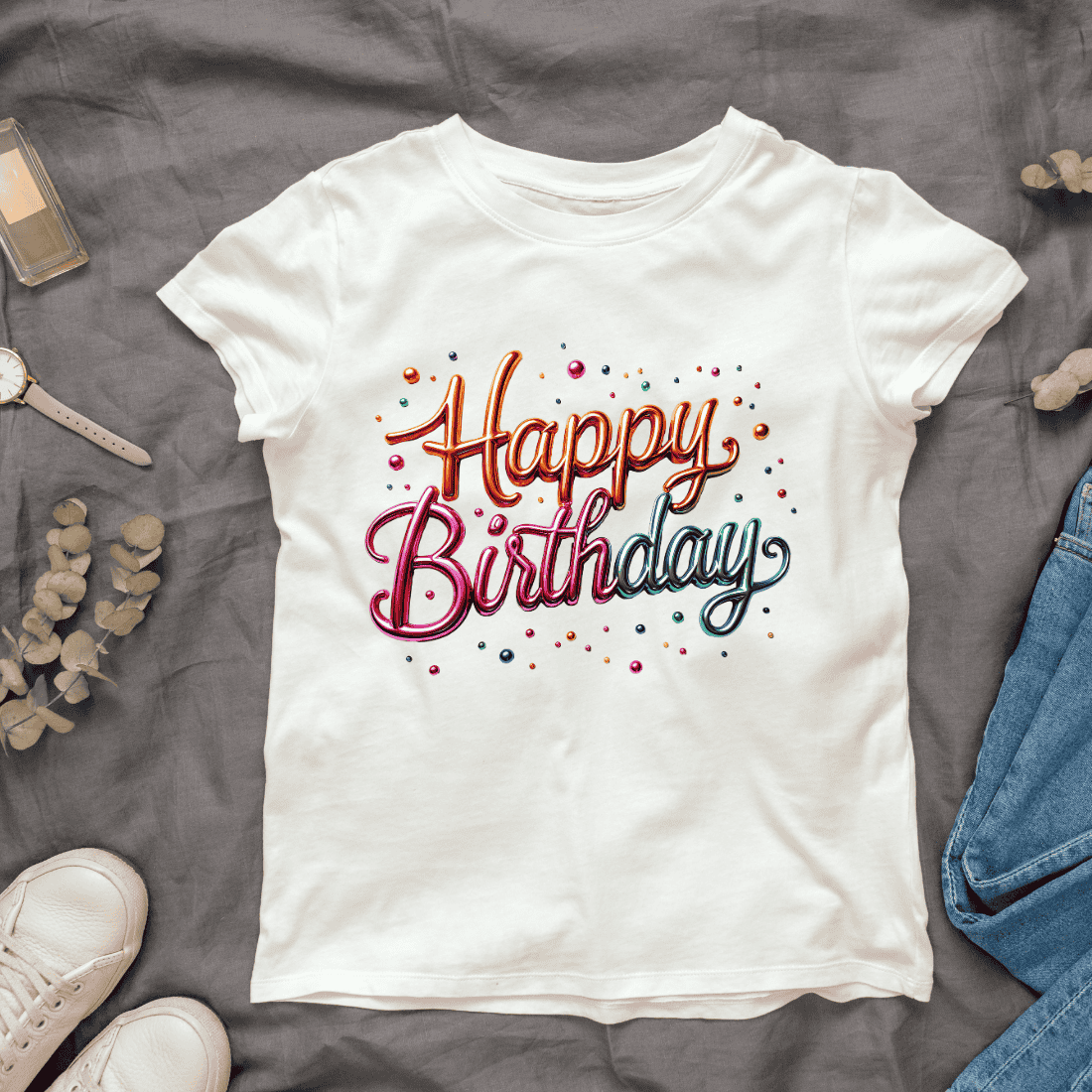 Metallic Happy Birthday T-shirt Design cover image.