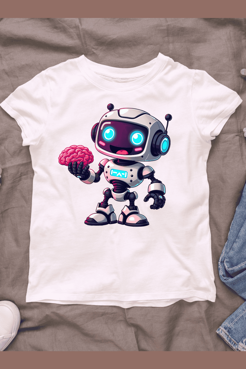 Robot Holding a Brain T-shirt Design pinterest preview image.