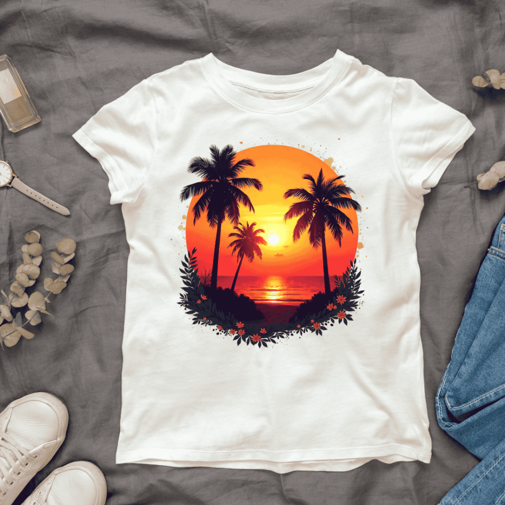 Sunset Beach with Palm Trees T-shirt Design - MasterBundles