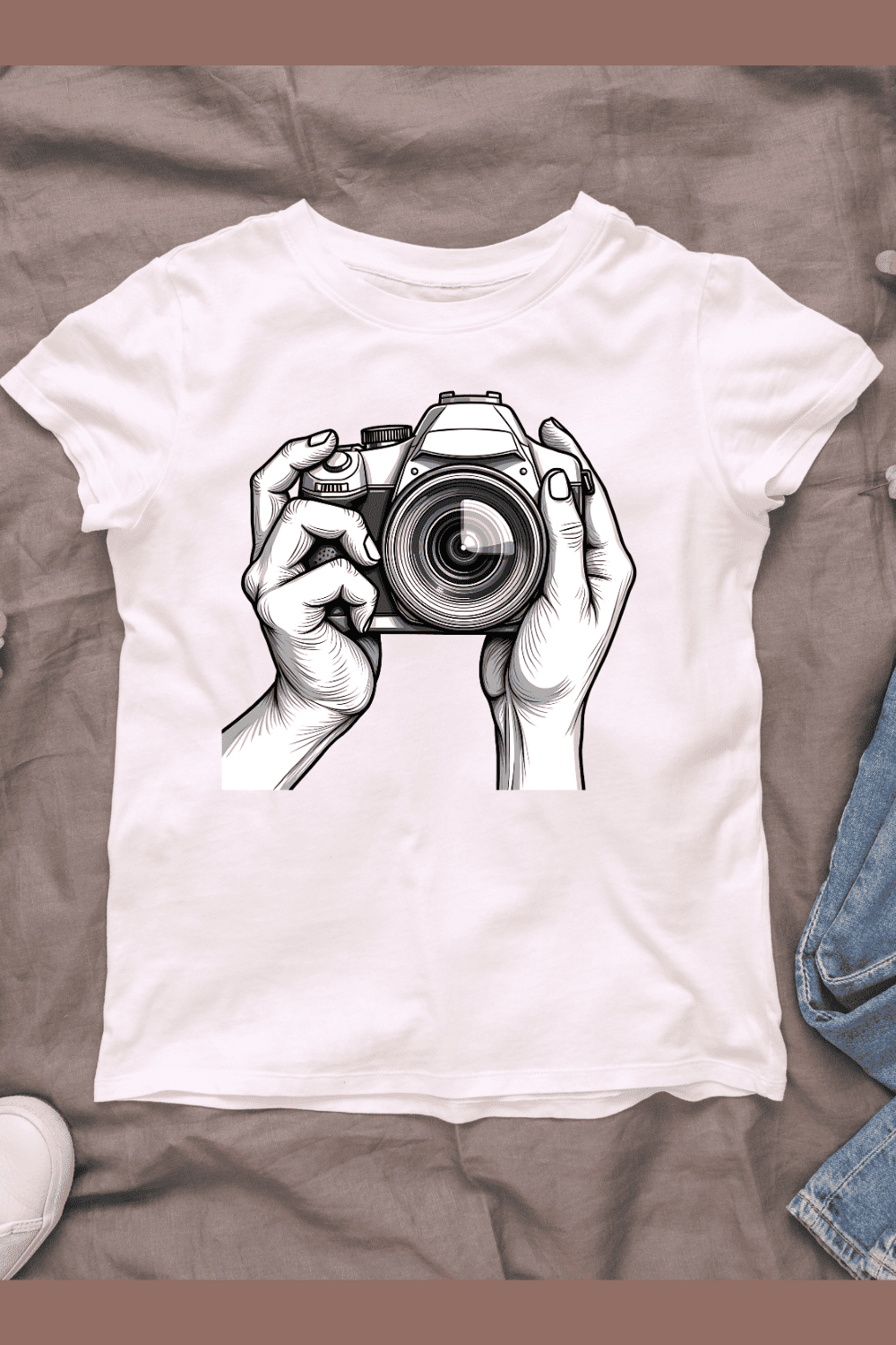 Hands Holding Camera Graphic T-shirt Design pinterest preview image.