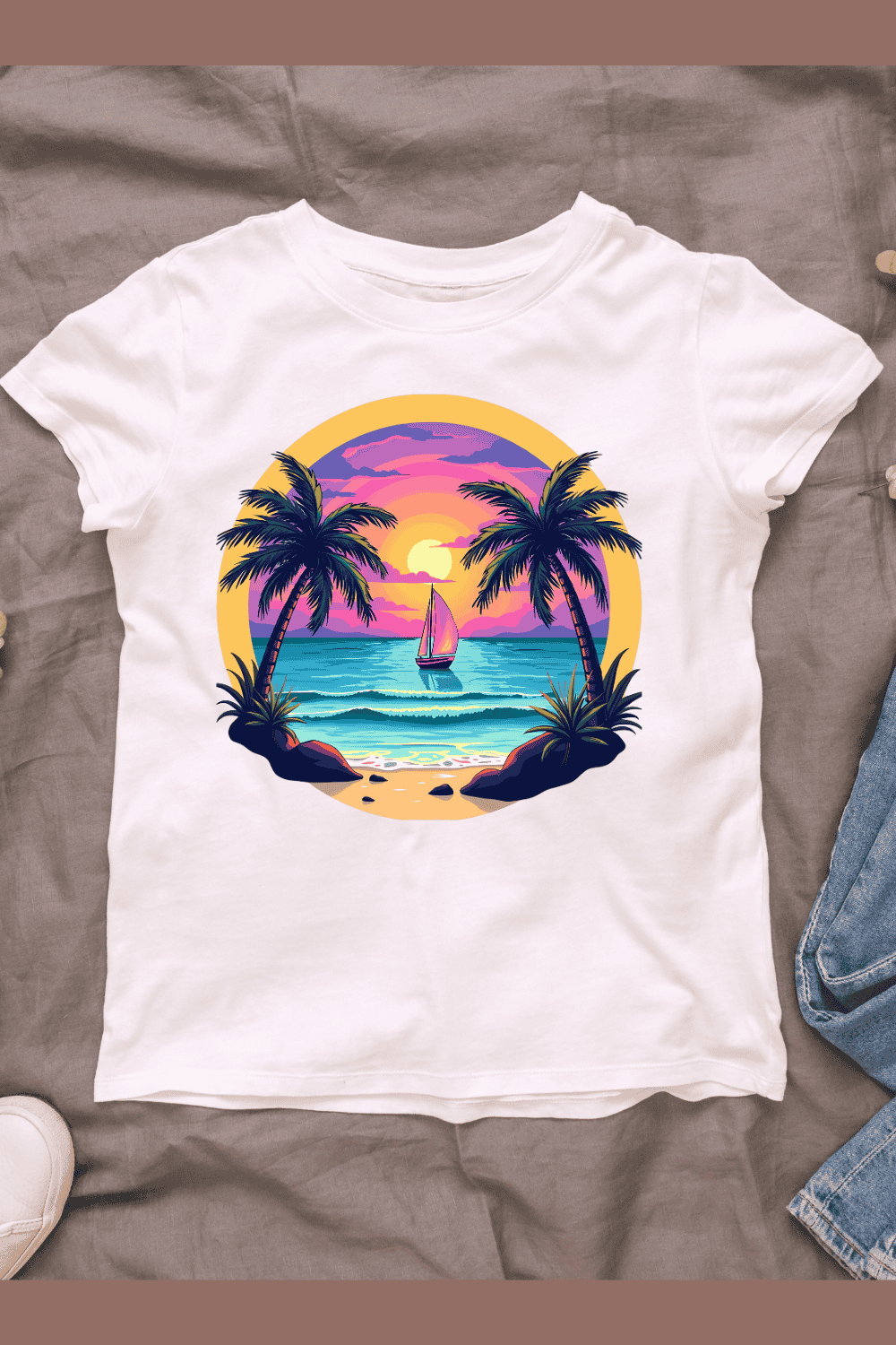 Tropical Sunset Beach T-shirt Design pinterest preview image.