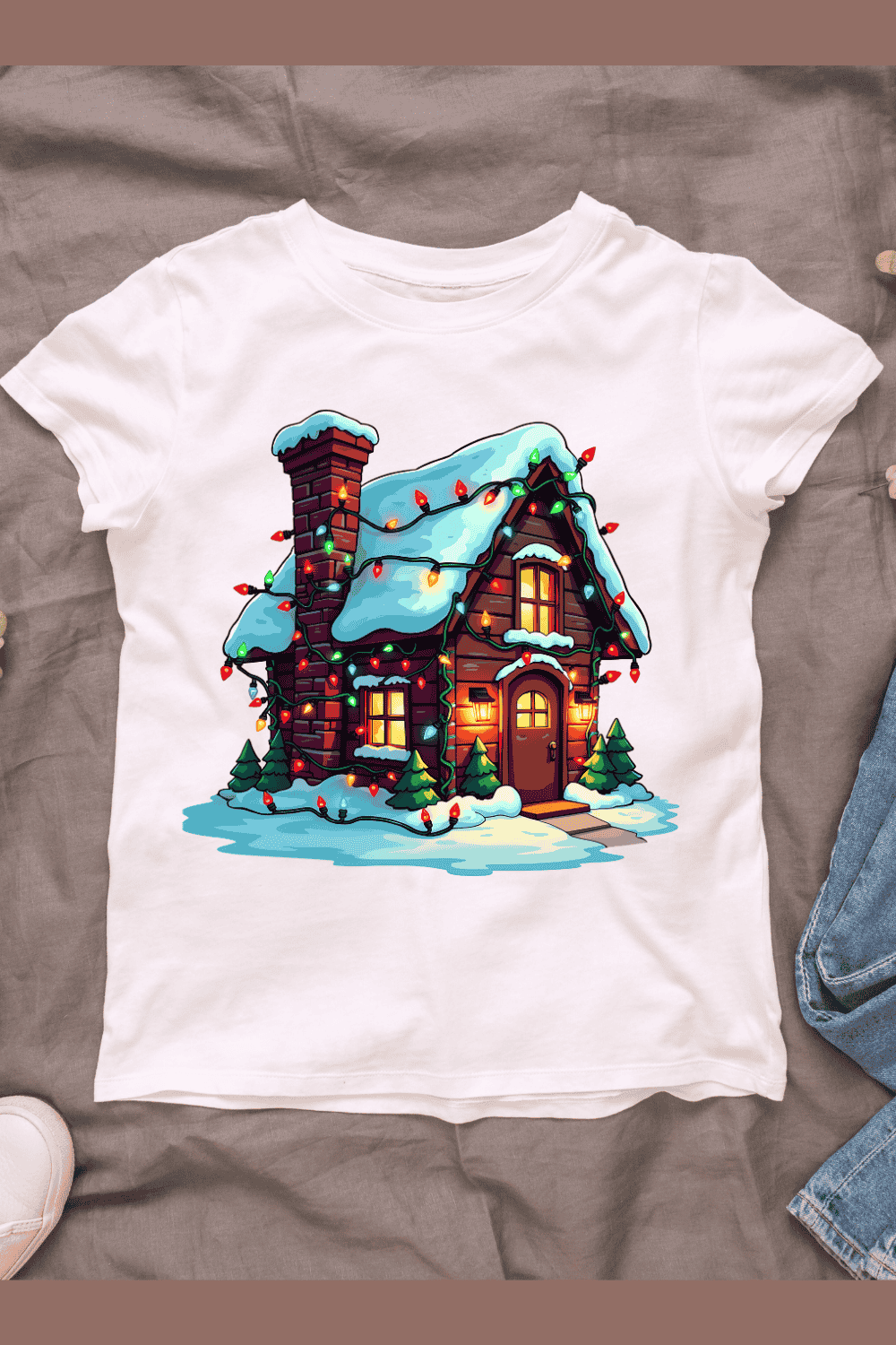 Snowy Winter Cottage T-shirt Design pinterest preview image.