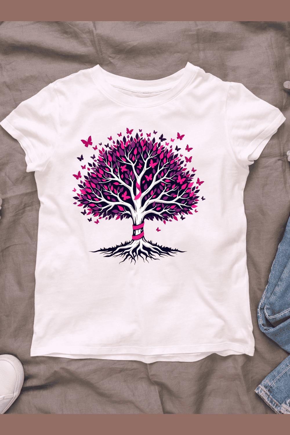 Pink Butterfly Tree with Ribbon T-shirt Design pinterest preview image.