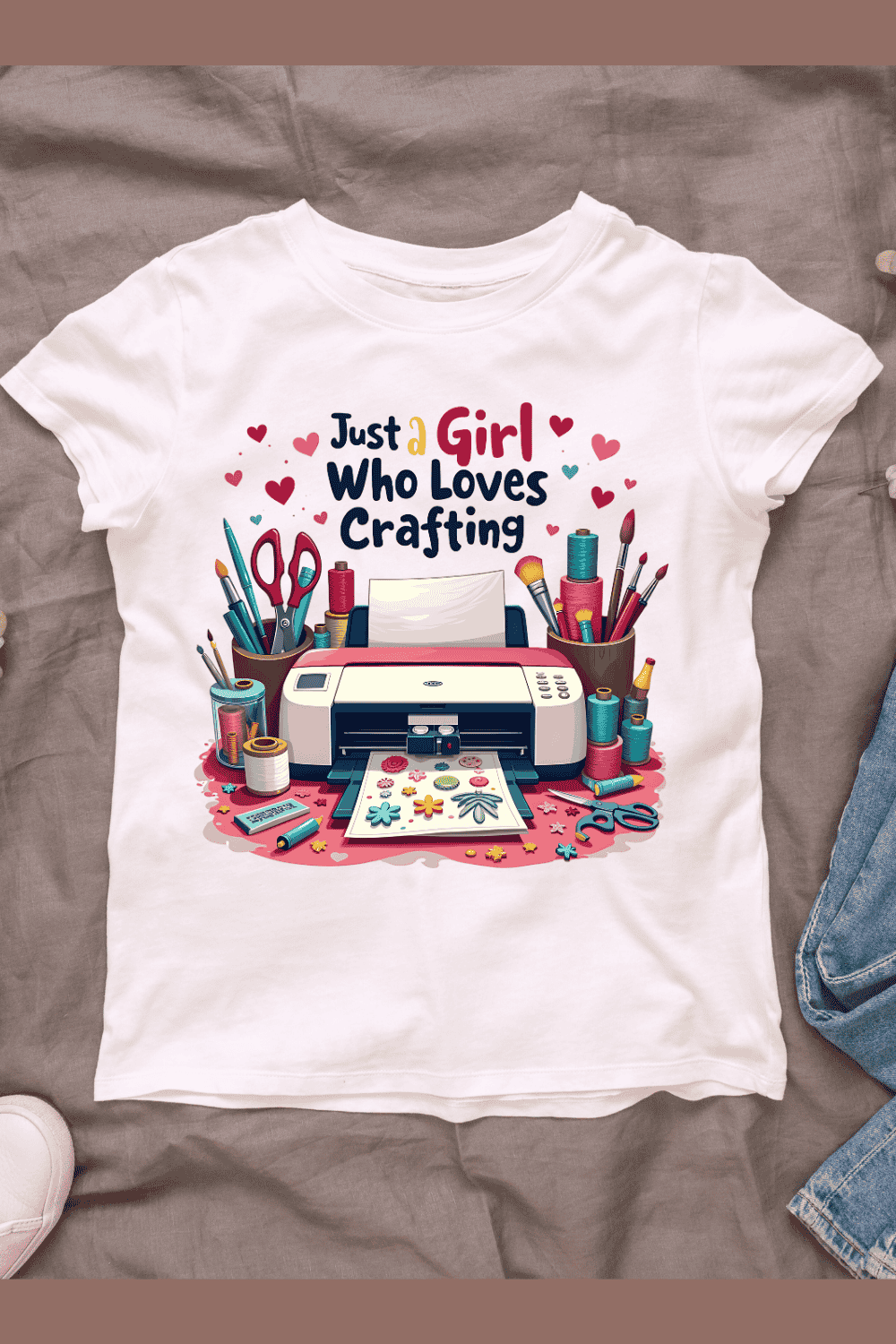 Cute Crafting Scene T-shirt Design pinterest preview image.