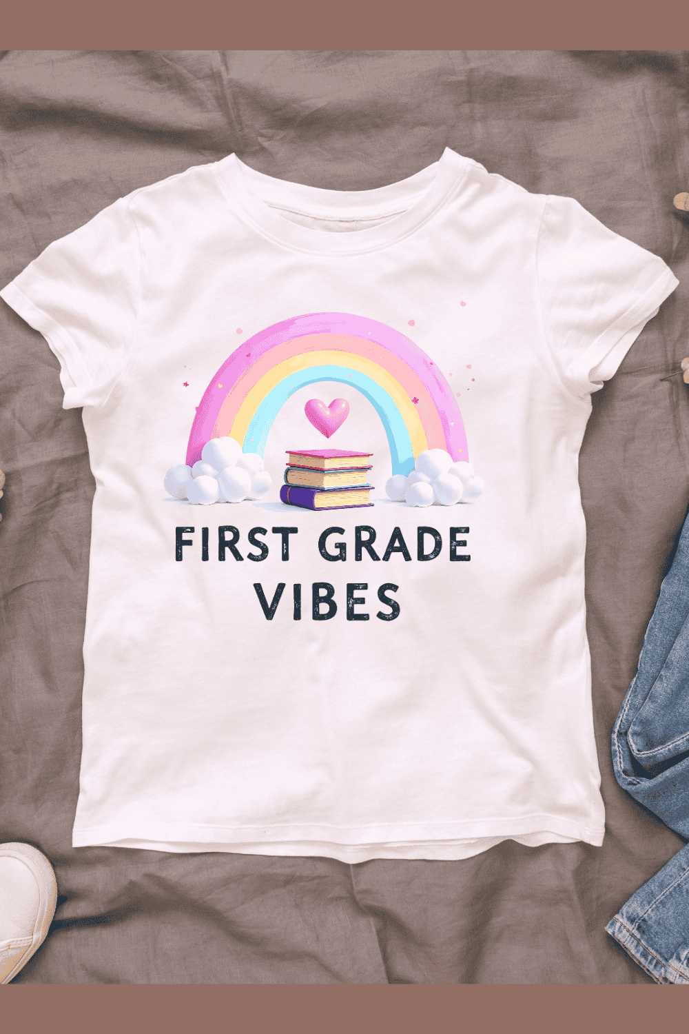 First Grade Vibes Rainbow and Books T-shirt Design pinterest preview image.