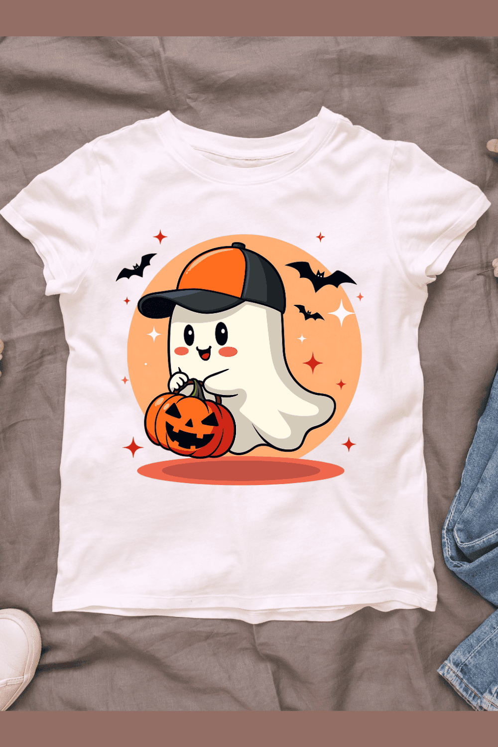 Spooky Ghost with Pumpkin T-shirt Design pinterest preview image.