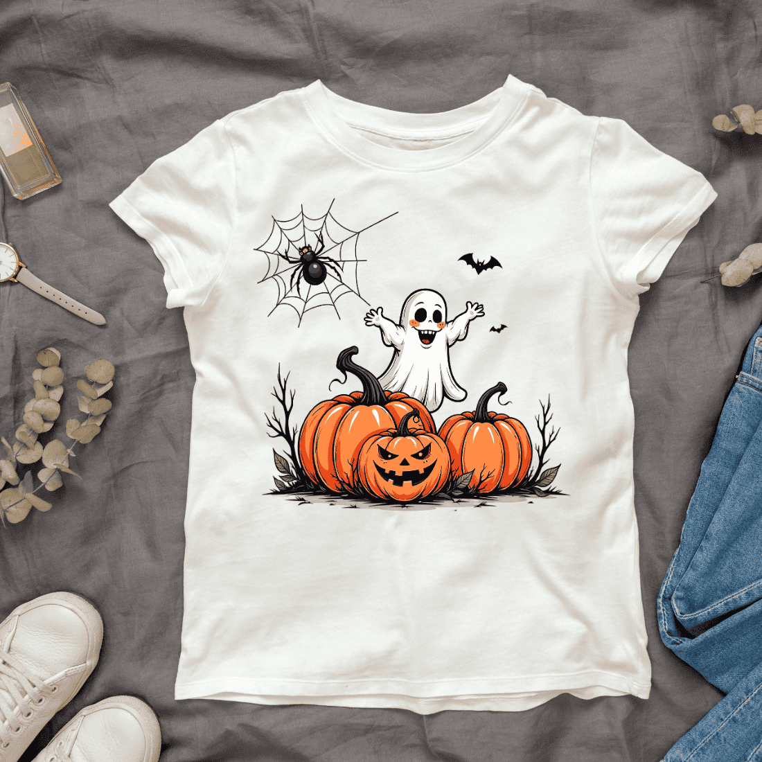 Cute Ghost and Pumpkins T-shirt Design cover image.