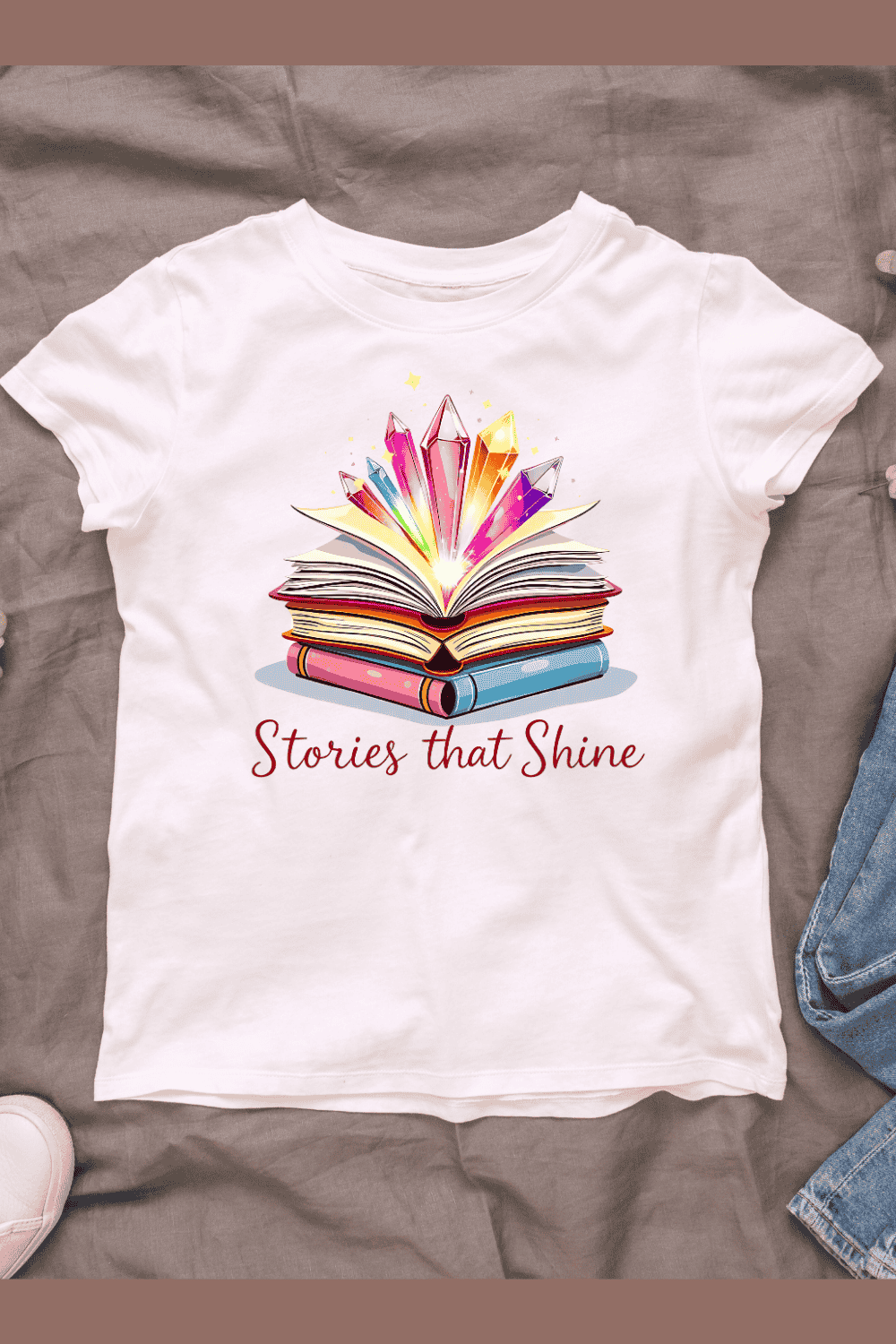 Open Book with Colorful Crystals T-shirt Design pinterest preview image.