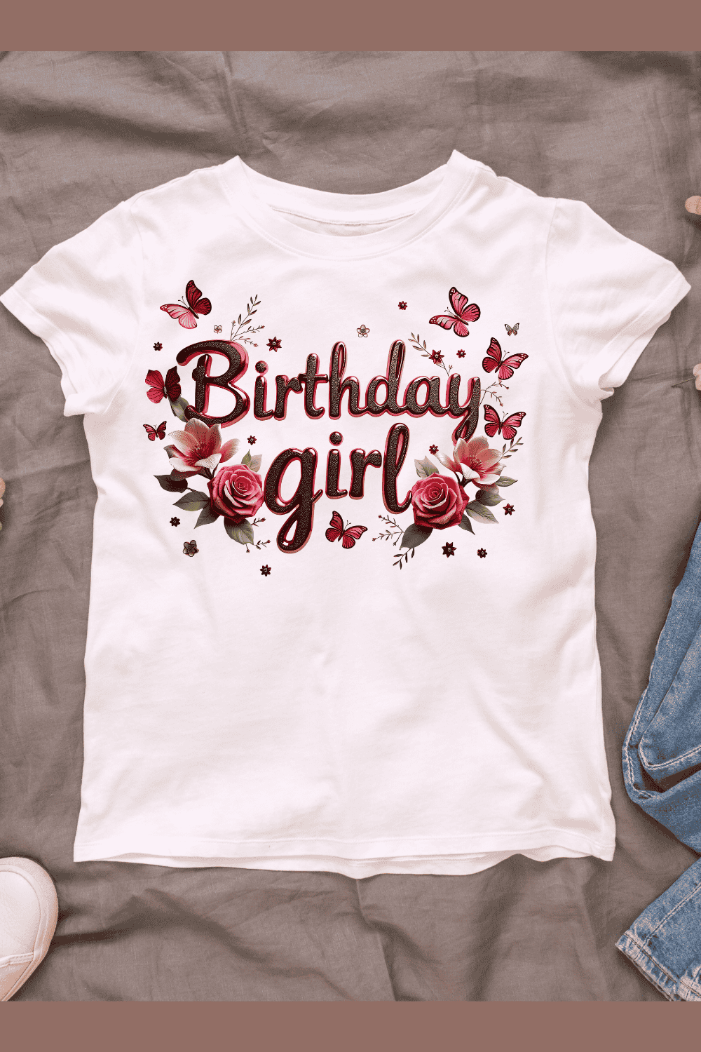 Metallic Flower Happy Birthday T-shirt Design pinterest preview image.