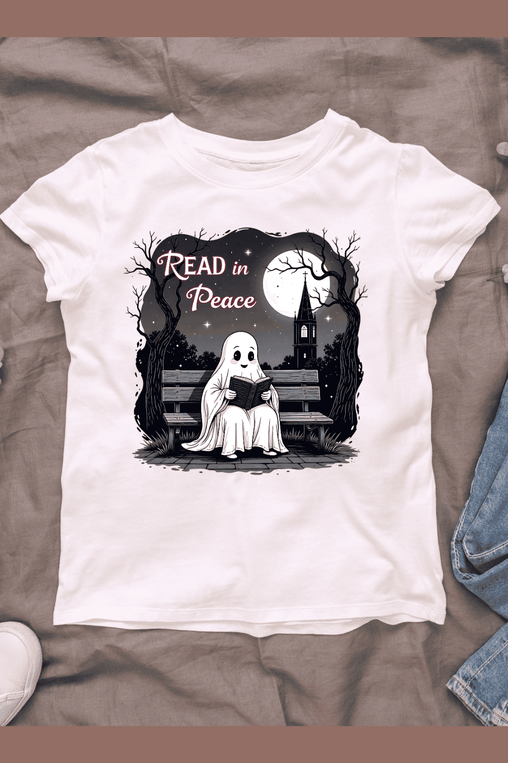 Haunting Reading Scene T-shirt Design pinterest preview image.