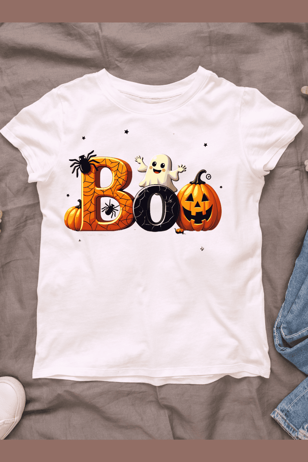 Cute Ghost with Pumpkins T-shirt Design pinterest preview image.