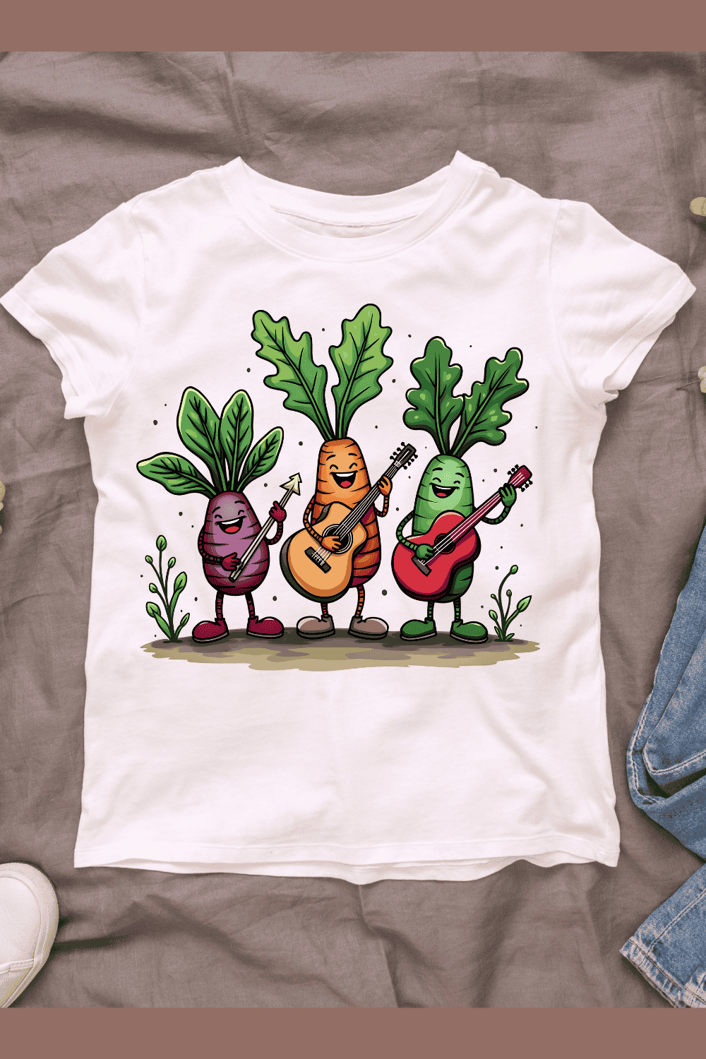 Happy Vegetable Musicians T-Shirt Design pinterest preview image.