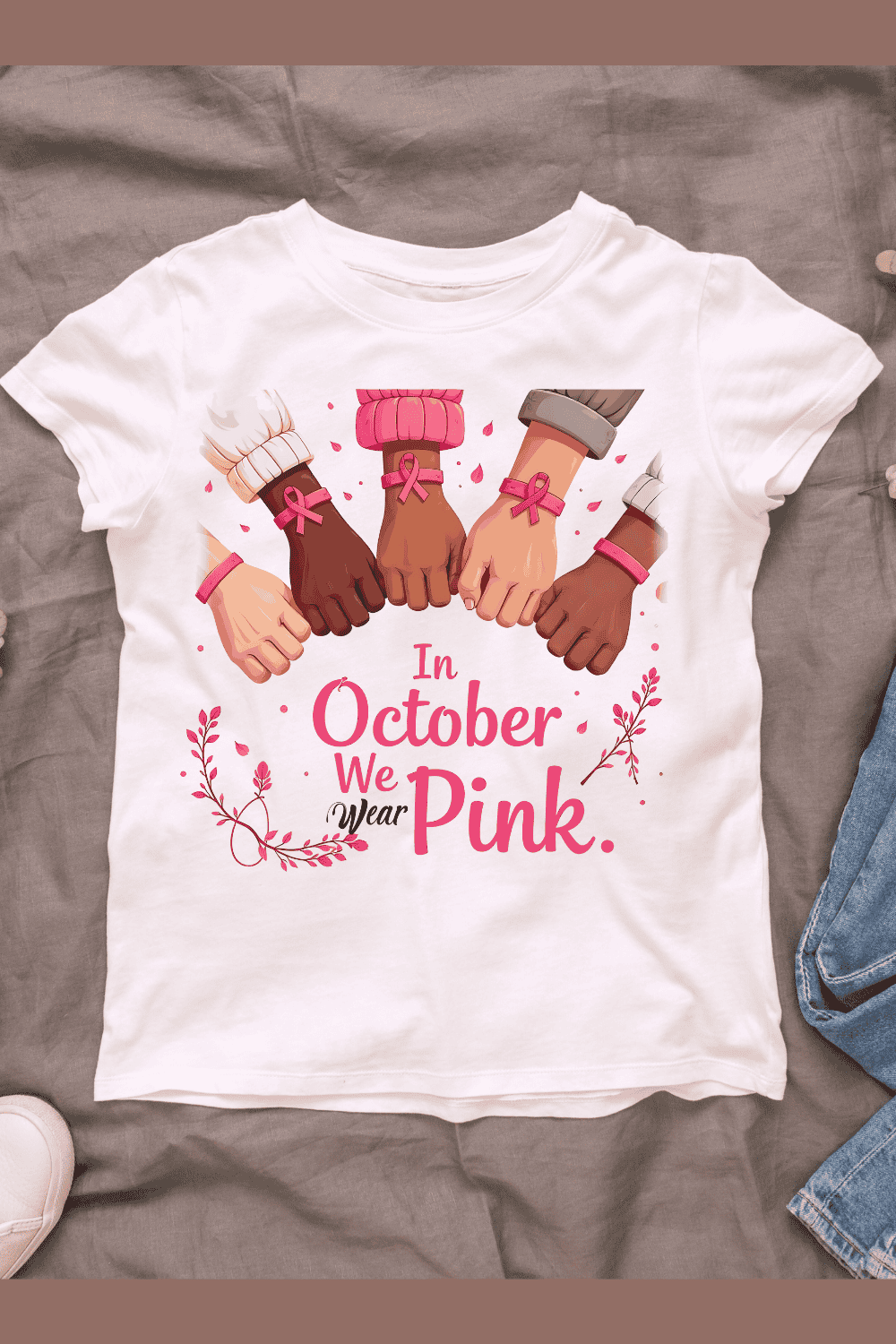 In October, We Wear Pink T-shirt Design pinterest preview image.