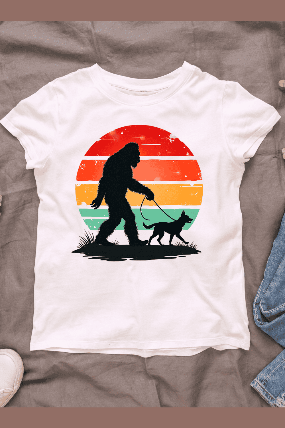 Bigfoot and Dog Walking at Sunset T-shirt Design pinterest preview image.