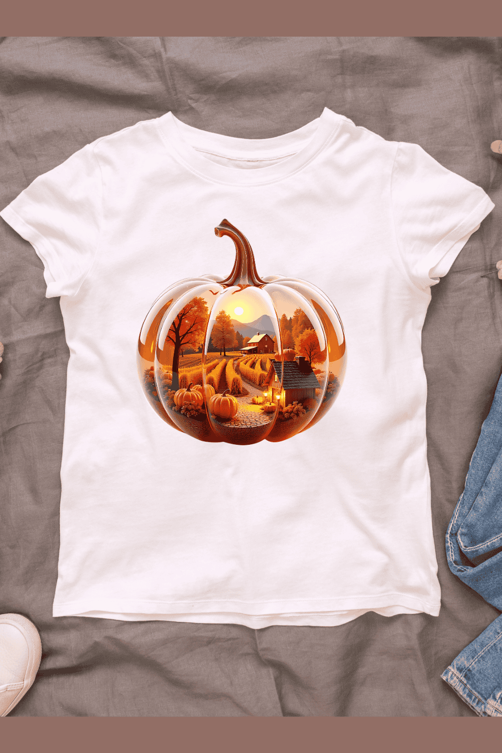 Pumpkin with Fall Scene Inside T-shirt Design pinterest preview image.