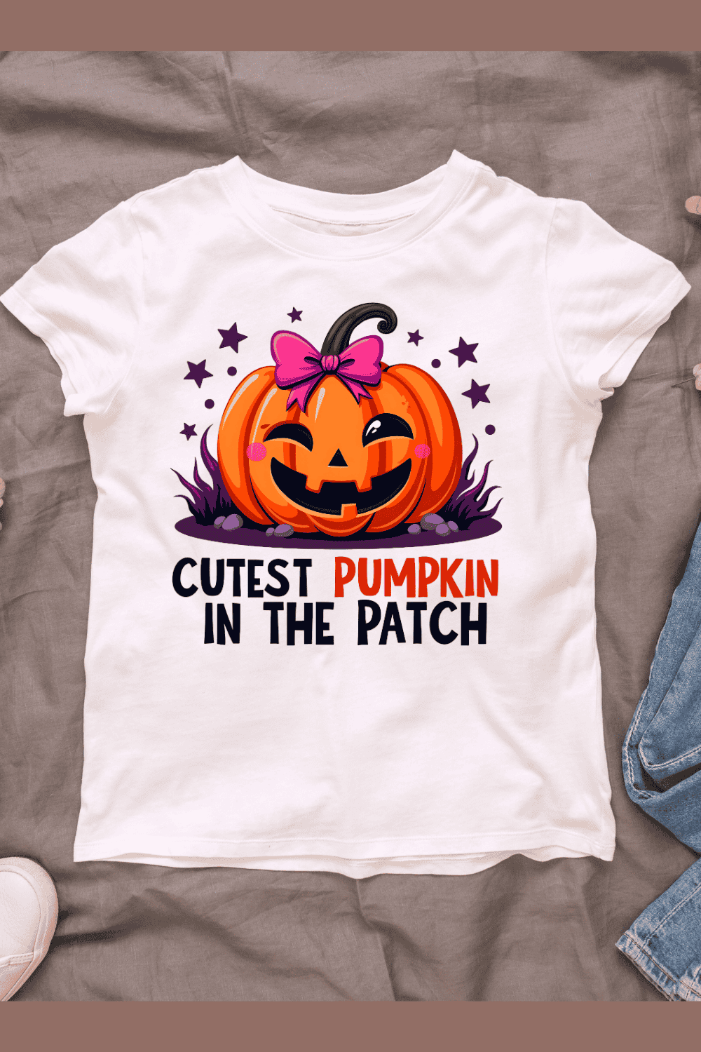 Cute Pumpkin with Pink Bow T-shirt Design pinterest preview image.