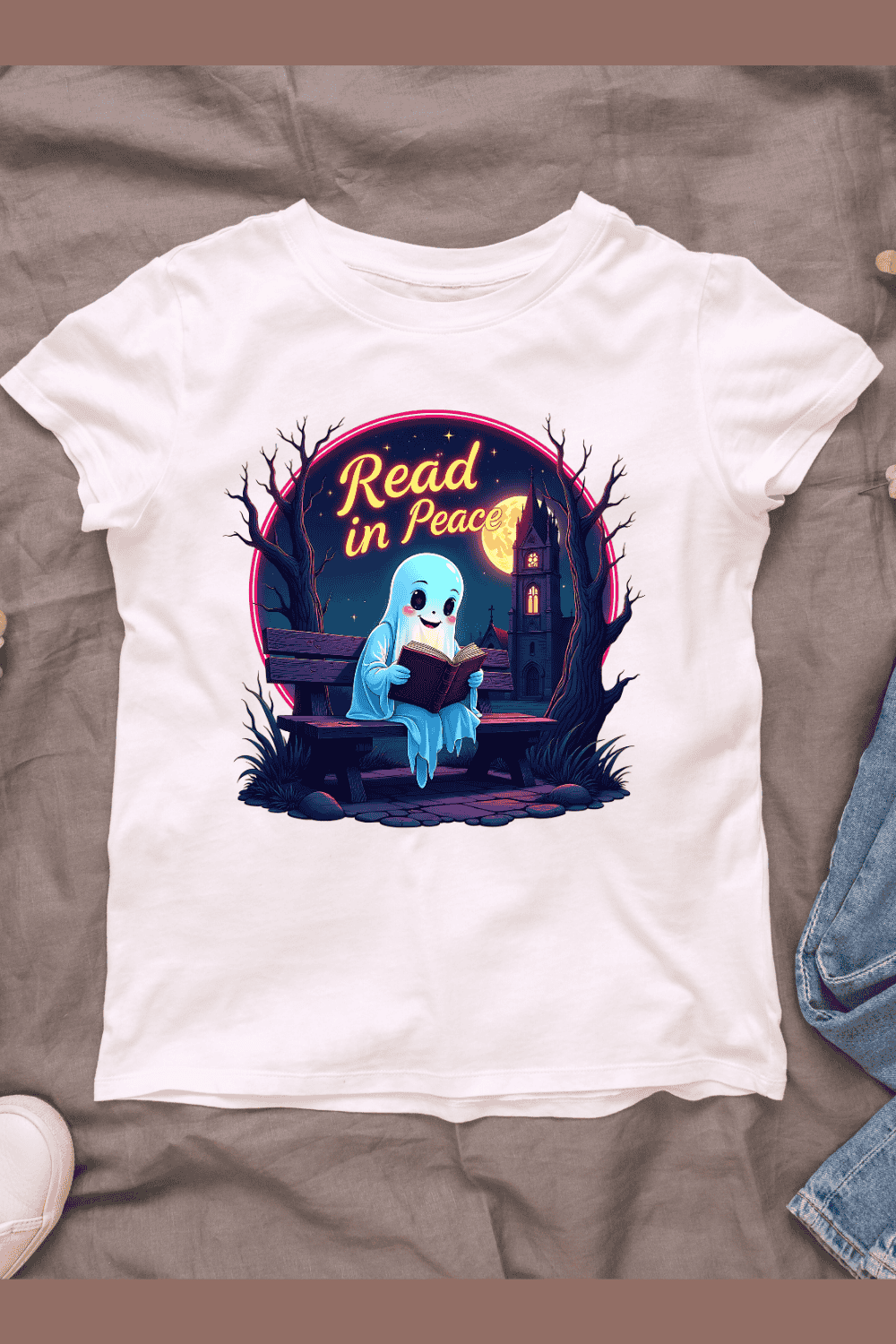 Ghostly Nighttime Reader T-shirt Design pinterest preview image.