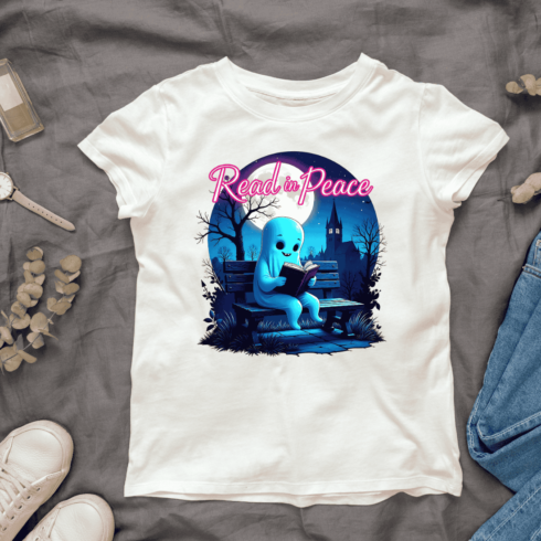 Ghost Reading a Book in Peace T-shirt Design cover image.