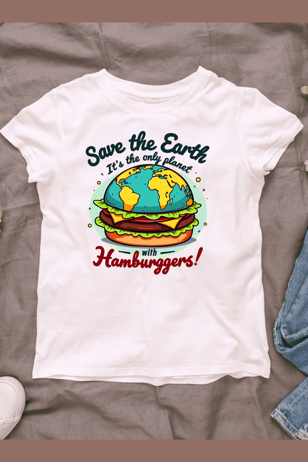 Save the Earth Burger T-shirt Design pinterest preview image.