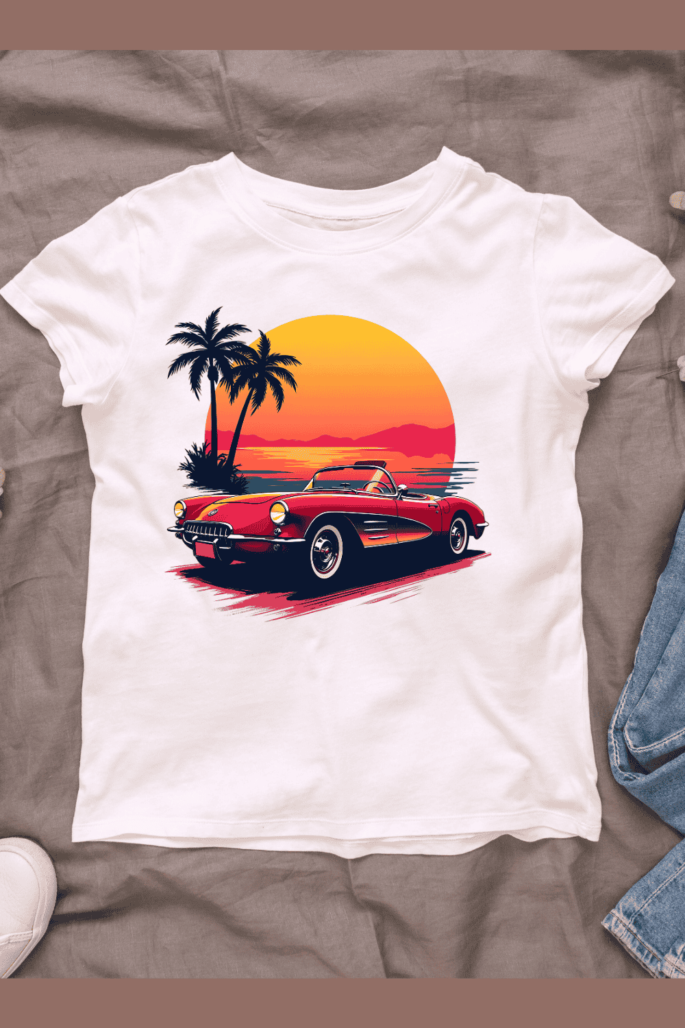 Vintage Car Sunset T-shirt Design pinterest preview image.