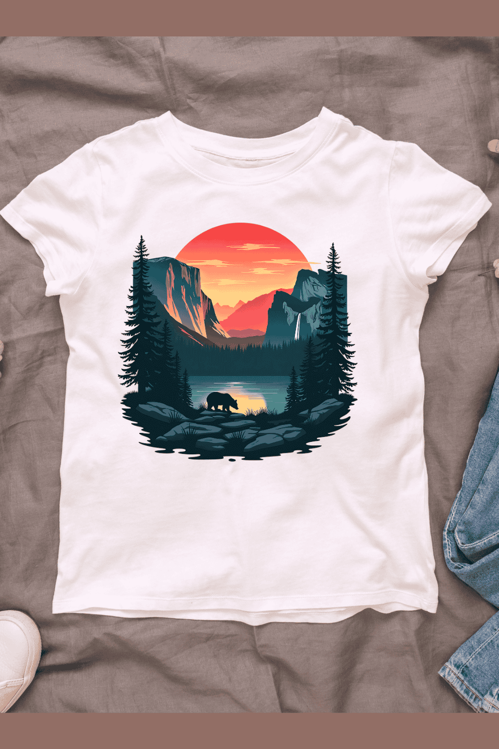 Bear and Mountains at Sunset T-shirt Design pinterest preview image.