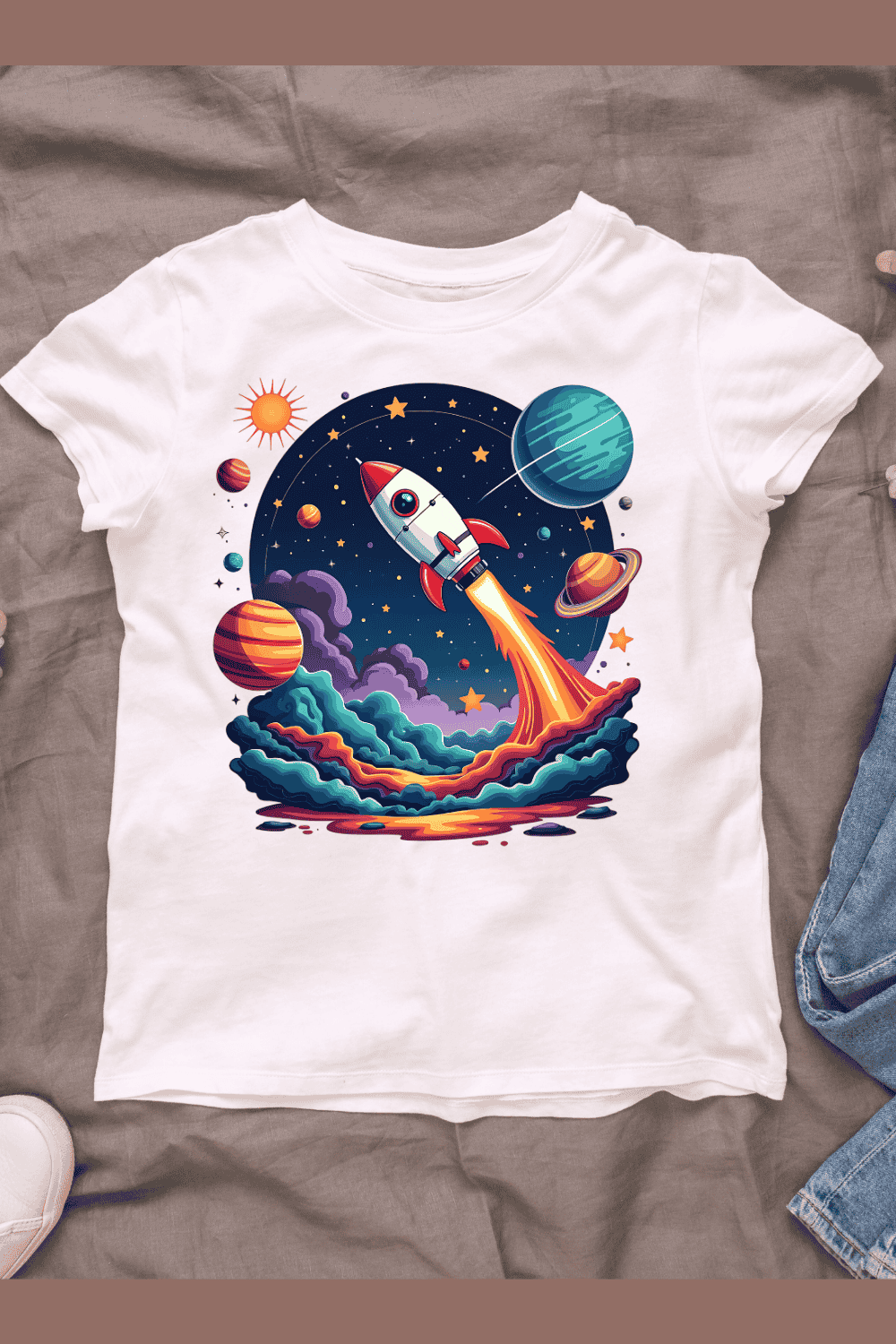 Colorful Space Scene with Planets T-shirt Design pinterest preview image.