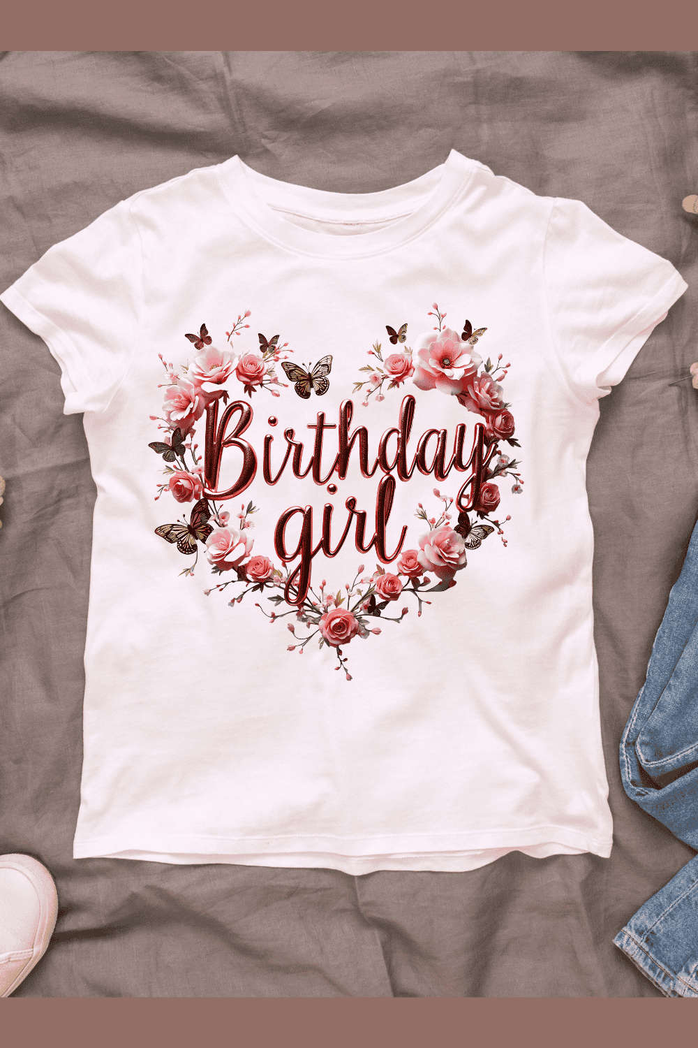 Pink Birthday Girl with Butterflies T-shirt Design pinterest preview image.