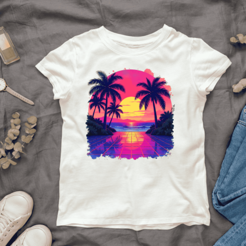 Retro Sunset Beach T-Shirt Design cover image.