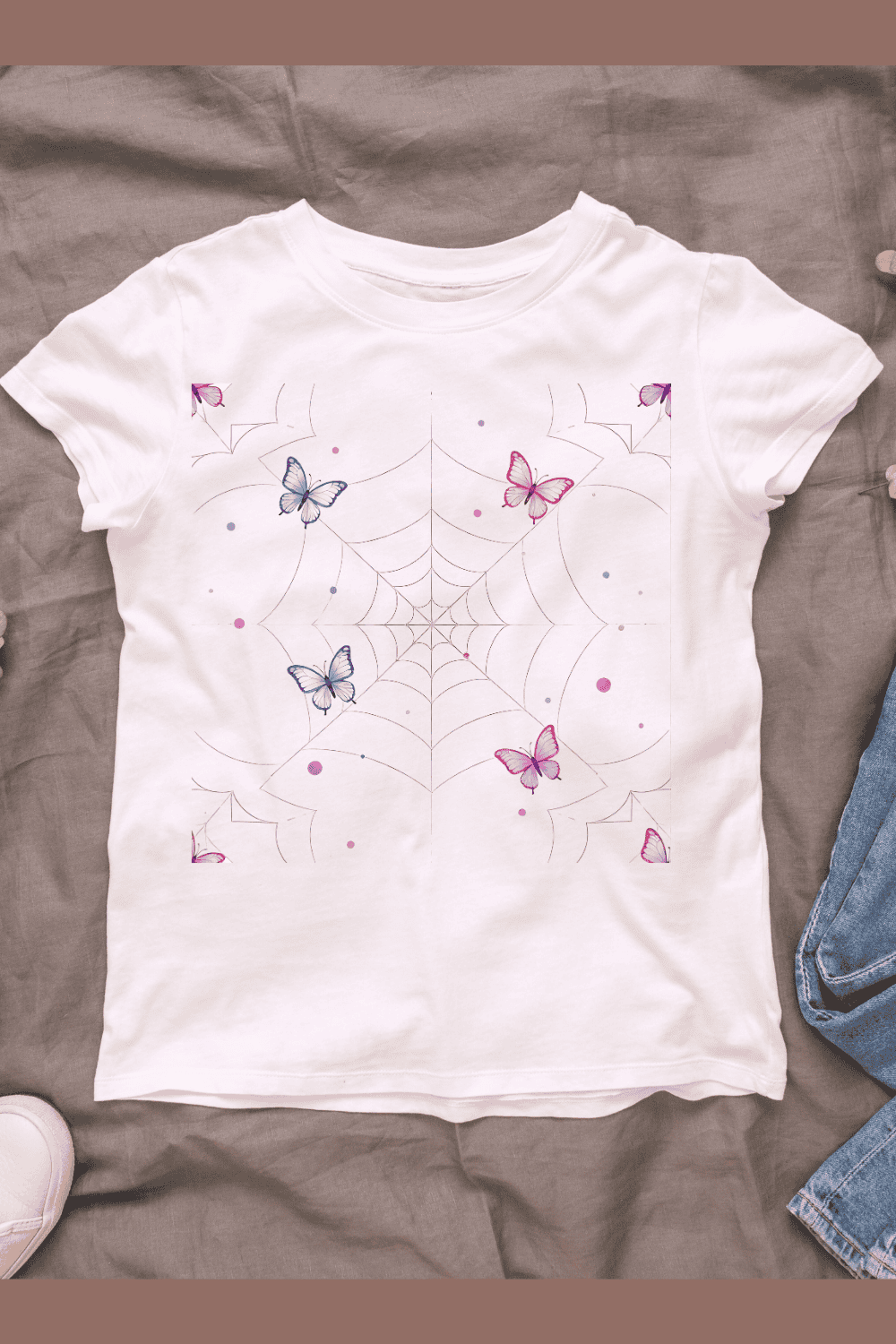 Butterflies and Spiderweb T-shirt Design pinterest preview image.