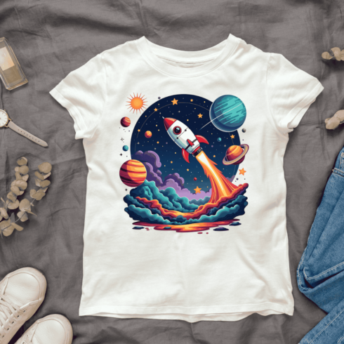 Colorful Space Scene with Planets T-shirt Design cover image.